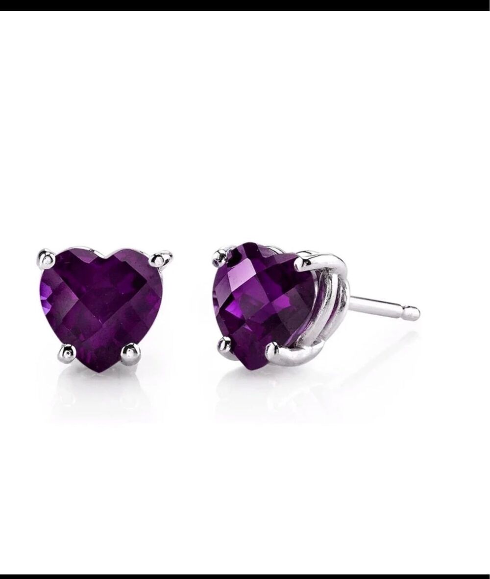 2 Ct. Heart Cut Amethyst Gemstone Stud Earrings~925 Sterling Silver - Picture 2 of 2